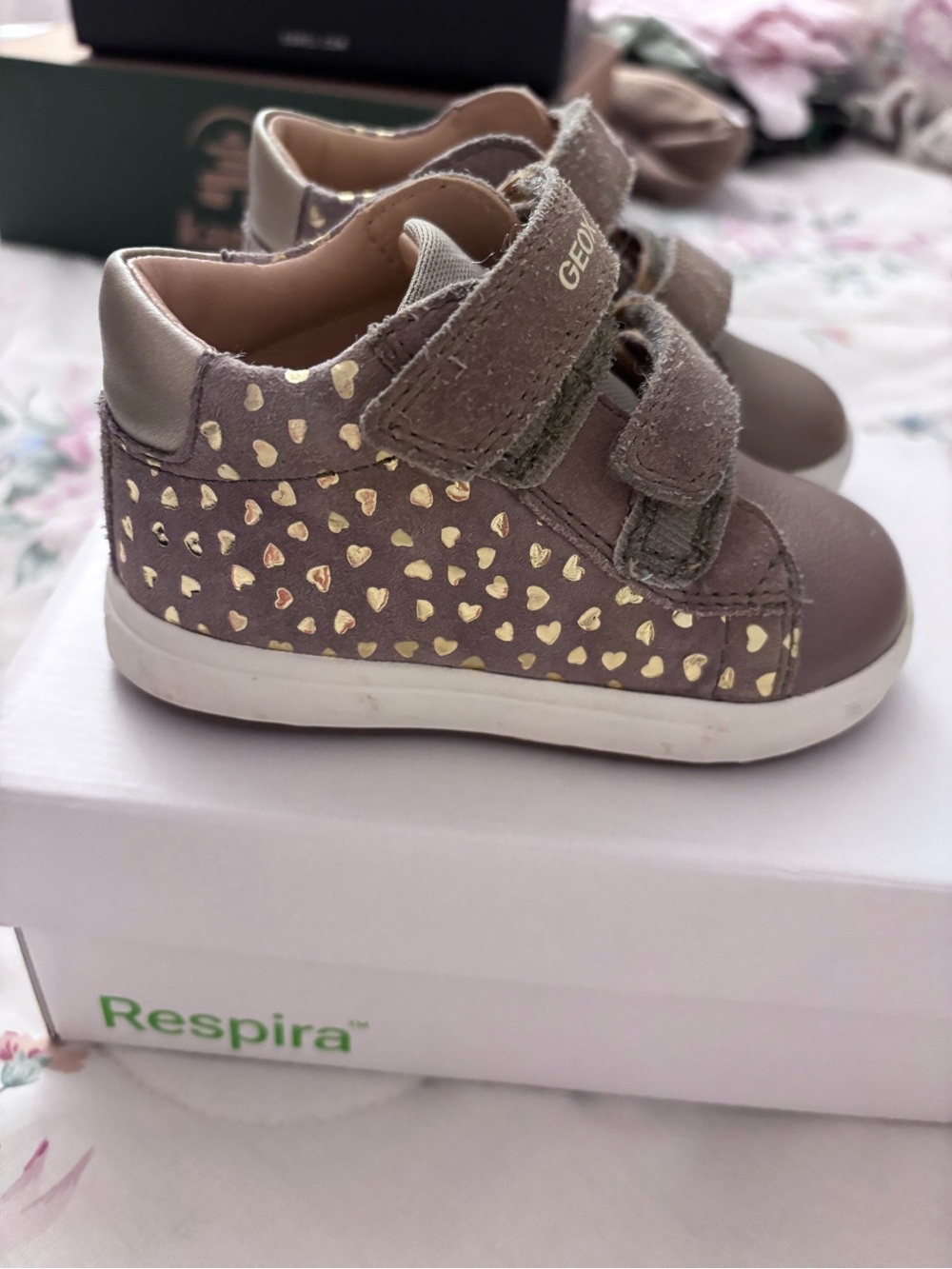 Geox Kids Taupe Sneakers with Gold Heart Accents
